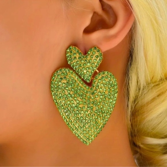 Green Adela Rhinestone Heart Earrings - Picture 4 of 5